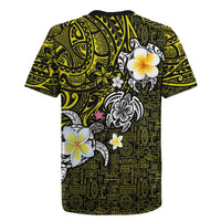 Hawaiian Turtle and Plumeria Rugby Jersey Polynesian Tattoo and Tribal Elements Pattern Yellow Color