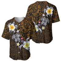 Hawaiian Turtle and Plumeria Baseball Jersey Polynesian Tattoo and Tribal Elements Pattern Orange Color