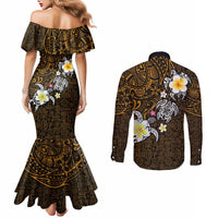 Hawaiian Turtle and Plumeria Couples Matching Mermaid Dress and Long Sleeve Button Shirt Polynesian Tattoo and Tribal Elements Pattern Orange Color