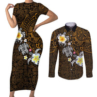 Hawaiian Turtle and Plumeria Couples Matching Short Sleeve Bodycon Dress and Long Sleeve Button Shirt Polynesian Tattoo and Tribal Elements Pattern Orange Color