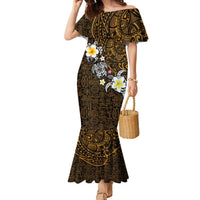 Hawaiian Turtle and Plumeria Family Matching Mermaid Dress and Hawaiian Shirt Polynesian Tattoo and Tribal Elements Pattern Orange Color