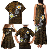 Hawaiian Turtle and Plumeria Family Matching Tank Maxi Dress and Hawaiian Shirt Polynesian Tattoo and Tribal Elements Pattern Orange Color
