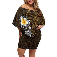 Hawaiian Turtle and Plumeria Off Shoulder Short Dress Polynesian Tattoo and Tribal Elements Pattern Orange Color LT03 Women Orange - Polynesian Pride