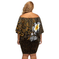 Hawaiian Turtle and Plumeria Off Shoulder Short Dress Polynesian Tattoo and Tribal Elements Pattern Orange Color LT03 - Polynesian Pride