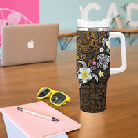 Hawaiian Turtle and Plumeria Tumbler With Handle Polynesian Tattoo and Tribal Elements Pattern Orange Color