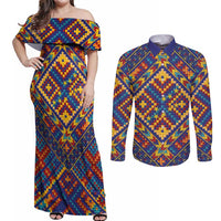 Kolose-Tuvalu Crochet Couples Matching Off Shoulder Maxi Dress and Long Sleeve Button Shirt with Polynesian and Pacific Tattoos - Polynesian Pride