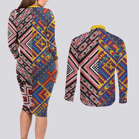 Tuvaluan and New Zealand Culture Couples Matching Long Sleeve Bodycon Dress and Long Sleeve Button Shirt The Art of Kolose and Taniko - Polynesian Pride