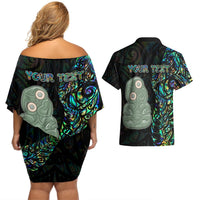 Custom New Zealand Couples Matching Off Shoulder Short Dress and Hawaiian Shirt Silver Fern and Hei Tiki with Papua Shell Maori Tribal LT03 - Polynesian Pride