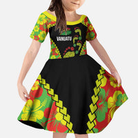 Personalised Vanuatu Running Kid Short Sleeve Dress Footprint and Hibiscus Polynesian Style LT03 KID Black - Polynesian Pride