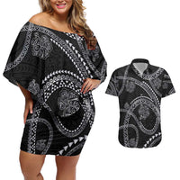 Hawaiian Kakau Art and Hisbiscus Tattoo Couples Matching Off Shoulder Short Dress and Hawaiian Shirt Tribal Pattern-Silver Style - Polynesian Pride