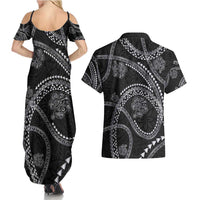 Hawaiian Kakau Art and Hisbiscus Tattoo Couples Matching Summer Maxi Dress and Hawaiian Shirt Tribal Pattern-Silver Style - Polynesian Pride