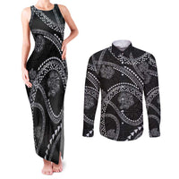 Hawaiian Kakau Art and Hisbiscus Tattoo Couples Matching Tank Maxi Dress and Long Sleeve Button Shirt Tribal Pattern-Silver Style - Polynesian Pride