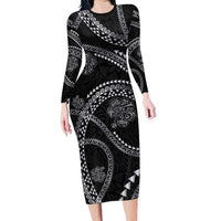 Hawaiian Kakau Art and Hisbiscus Tattoo Family Matching Long Sleeve Bodycon Dress and Hawaiian Shirt Tribal Pattern-Silver Style - Polynesian Pride