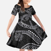Hawaiian Kakau Art and Hisbiscus Tattoo Family Matching Off The Shoulder Long Sleeve Dress and Hawaiian Shirt Tribal Pattern-Silver Style - Polynesian Pride