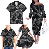 Hawaiian Kakau Art and Hisbiscus Tattoo Family Matching Off The Shoulder Long Sleeve Dress and Hawaiian Shirt Tribal Pattern-Silver Style - Polynesian Pride