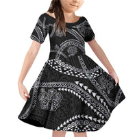 Hawaiian Kakau Art and Hisbiscus Tattoo Family Matching Off Shoulder Short Dress and Hawaiian Shirt Tribal Pattern-Silver Style - Polynesian Pride