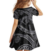 Hawaiian Kakau Art and Hisbiscus Tattoo Family Matching Off Shoulder Short Dress and Hawaiian Shirt Tribal Pattern-Silver Style - Polynesian Pride