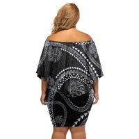 Hawaiian Kakau Art and Hisbiscus Tattoo Family Matching Off Shoulder Short Dress and Hawaiian Shirt Tribal Pattern-Silver Style - Polynesian Pride