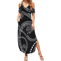Hawaiian Kakau Art and Hisbiscus Tattoo Family Matching Summer Maxi Dress and Hawaiian Shirt Tribal Pattern-Silver Style - Polynesian Pride