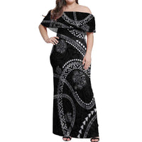Hawaiian Kakau Art and Hisbiscus Tattoo Off Shoulder Maxi Dress Tribal Pattern-Silver Style - Polynesian Pride