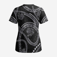 Hawaiian Kakau Art and Hisbiscus Tattoo Scrub Top Tribal Pattern-Silver Style - Polynesian Pride