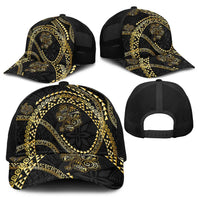 Hawaiian Kakau Art and Hisbiscus Tattoo Baseball Net Cap Tribal Pattern-Gold Style - Polynesian Pride