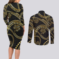 Hawaiian Kakau Art and Hisbiscus Tattoo Couples Matching Long Sleeve Bodycon Dress and Long Sleeve Button Shirt Tribal Pattern-Gold Style - Polynesian Pride