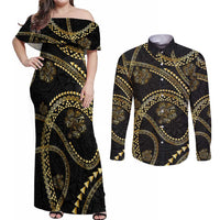 Hawaiian Kakau Art and Hisbiscus Tattoo Couples Matching Off Shoulder Maxi Dress and Long Sleeve Button Shirt Tribal Pattern-Gold Style - Polynesian Pride