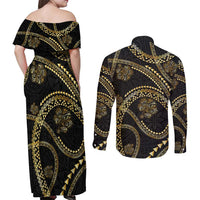 Hawaiian Kakau Art and Hisbiscus Tattoo Couples Matching Off Shoulder Maxi Dress and Long Sleeve Button Shirt Tribal Pattern-Gold Style - Polynesian Pride