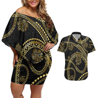 Hawaiian Kakau Art and Hisbiscus Tattoo Couples Matching Off Shoulder Short Dress and Hawaiian Shirt Tribal Pattern-Gold Style - Polynesian Pride