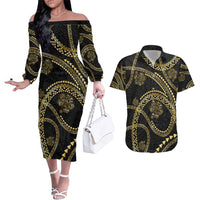 Hawaiian Kakau Art and Hisbiscus Tattoo Couples Matching Off The Shoulder Long Sleeve Dress and Hawaiian Shirt Tribal Pattern-Gold Style - Polynesian Pride