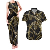 Hawaiian Kakau Art and Hisbiscus Tattoo Couples Matching Tank Maxi Dress and Hawaiian Shirt Tribal Pattern-Gold Style - Polynesian Pride