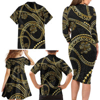 Hawaiian Kakau Art and Hisbiscus Tattoo Family Matching Long Sleeve Bodycon Dress and Hawaiian Shirt Tribal Pattern-Gold Style - Polynesian Pride