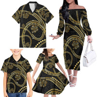 Hawaiian Kakau Art and Hisbiscus Tattoo Family Matching Off The Shoulder Long Sleeve Dress and Hawaiian Shirt Tribal Pattern-Gold Style - Polynesian Pride