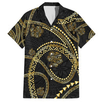 Hawaiian Kakau Art and Hisbiscus Tattoo Family Matching Off The Shoulder Long Sleeve Dress and Hawaiian Shirt Tribal Pattern-Gold Style - Polynesian Pride