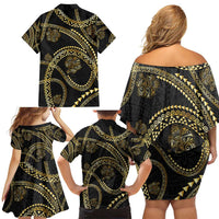 Hawaiian Kakau Art and Hisbiscus Tattoo Family Matching Off Shoulder Short Dress and Hawaiian Shirt Tribal Pattern-Gold Style - Polynesian Pride