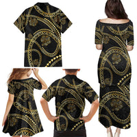 Hawaiian Kakau Art and Hisbiscus Tattoo Family Matching Puletasi and Hawaiian Shirt Tribal Pattern-Gold Style - Polynesian Pride