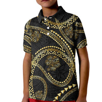 Hawaiian Kakau Art and Hisbiscus Tattoo Kid Polo Shirt Tribal Pattern-Gold Style - Polynesian Pride