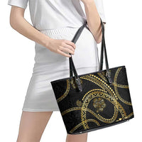 Hawaiian Kakau Art and Hisbiscus Tattoo Leather Tote Bag Tribal Pattern-Gold Style - Polynesian Pride