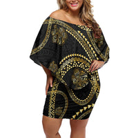 Hawaiian Kakau Art and Hisbiscus Tattoo Off Shoulder Short Dress Tribal Pattern-Gold Style - Polynesian Pride