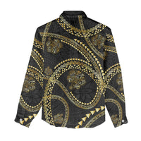 Hawaiian Kakau Art and Hisbiscus Tattoo Women Casual Shirt Tribal Pattern-Gold Style - Polynesian Pride