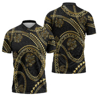 Hawaiian Kakau Art and Hisbiscus Tattoo Zipper Polo Shirt Tribal Pattern-Gold Style - Polynesian Pride