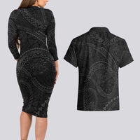 Hawaiian Kakau Art and Hisbiscus Tattoo Couples Matching Long Sleeve Bodycon Dress and Hawaiian Shirt Tribal Pattern-Black Gradient Style - Polynesian Pride