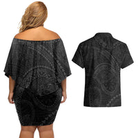 Hawaiian Kakau Art and Hisbiscus Tattoo Couples Matching Off Shoulder Short Dress and Hawaiian Shirt Tribal Pattern-Black Gradient Style - Polynesian Pride