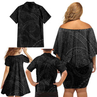 Hawaiian Kakau Art and Hisbiscus Tattoo Family Matching Off Shoulder Short Dress and Hawaiian Shirt Tribal Pattern-Black Gradient Style - Polynesian Pride