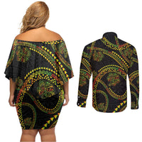 Hawaiian Kakau Art and Hisbiscus Tattoo Couples Matching Off Shoulder Short Dress and Long Sleeve Button Shirt Tribal Pattern-Reggae Style - Polynesian Pride