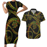 Hawaiian Kakau Art and Hisbiscus Tattoo Couples Matching Short Sleeve Bodycon Dress and Hawaiian Shirt Tribal Pattern-Reggae Style - Polynesian Pride