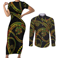 Hawaiian Kakau Art and Hisbiscus Tattoo Couples Matching Short Sleeve Bodycon Dress and Long Sleeve Button Shirt Tribal Pattern-Reggae Style - Polynesian Pride
