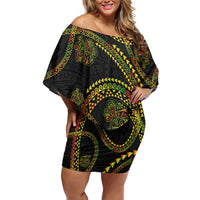 Hawaiian Kakau Art and Hisbiscus Tattoo Family Matching Off Shoulder Short Dress and Hawaiian Shirt Tribal Pattern-Reggae Style - Polynesian Pride