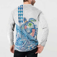 Hawaiian Abstract Sea Turtle Button Sweatshirt Polynesian Tapa Art and Kakau Tattoo White WaterColor - Polynesian Pride